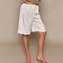 Cyflymder  Women Satin Lace Trim Capri Pants Elastic Waisted Wide Leg Cropped Pants Slips Satin Bloomer Pettipants Shorts Y2k Streetwear