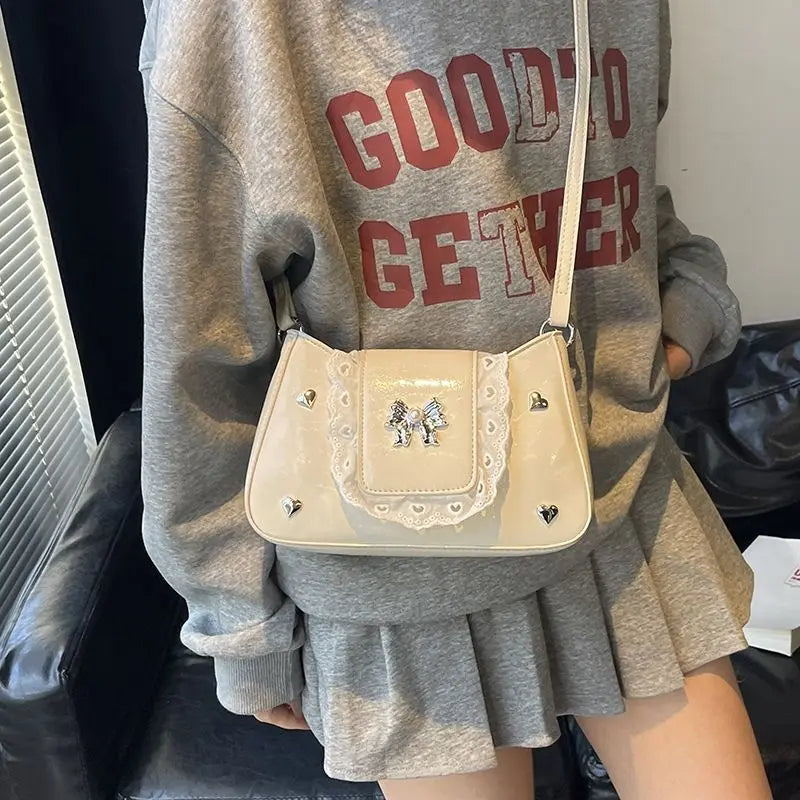 Cyflymder  Fashion Patchwork Lace Office Lady Shoulder Bags Sweet Heart Elegant Women Underarm Bag Luxury Design Y2k Aesthetic Ins Handbags