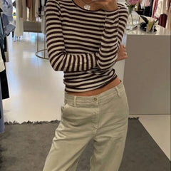 Cyflymder  Vintage Preppy Style Y2K Crop Tops Clothes Cottage Striped Rib Knitted T-shirt Women Long Sleeve Casual Basic Tees Pullovers