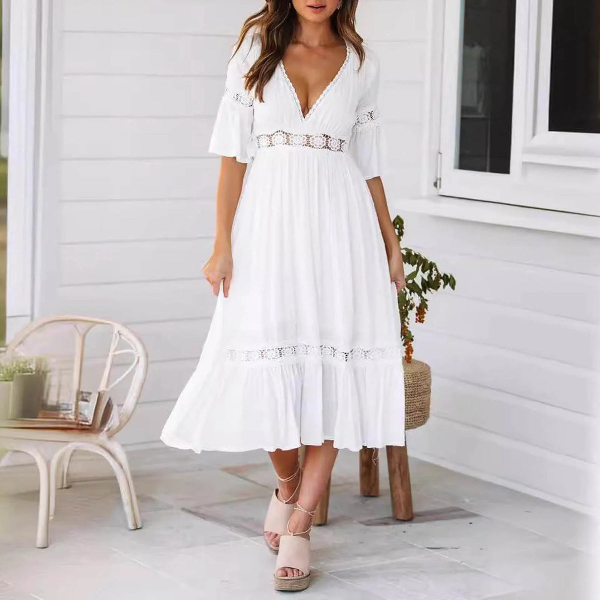 Cyflymder  Summer White Dresses Women Flower Hollow Out High Waist Lace Long Dress For Wedding Elegant Deep V-Neck Short Sleeve Party Dress