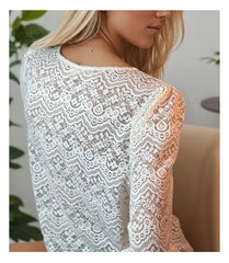 Cyflymder  Elegant White Floral Lace Blouses Shirts For Women Boho Long Sleeve Sexy V Neck Vintage Ladies Tops Casual Blouse Shirt Blusas