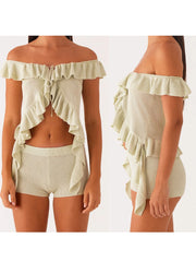 Cyflymder  Stylish 2-Piece Set Off-Shoulder Crop Top with Ruffles and High-Waisted Elastic Shorts for Chic Summer Street Style