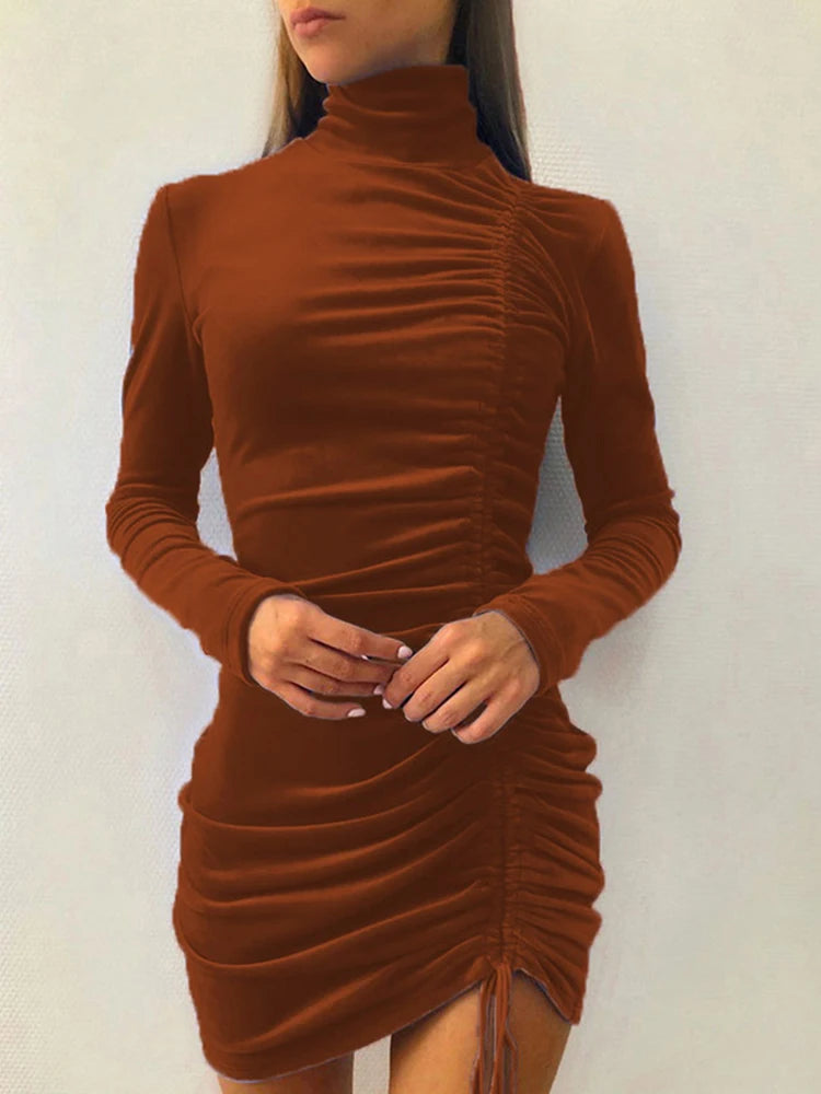 Cyflymder  Velvet Sexy Hot Girl Drawstring Solid Glamorous Dresses Bodycon High Waist Turtleneck Fashion Street Club Date Outfits
