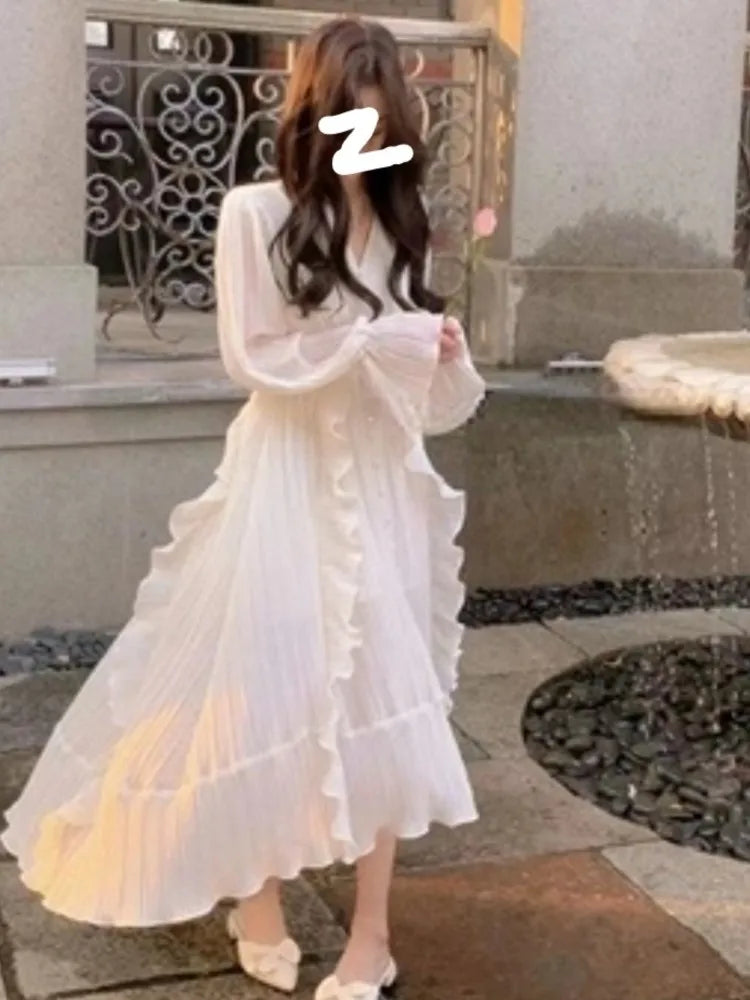 Cyflymder  Pure Color French Elegant Dress Woman Long Sleeve Fairy Midi Dress Casual Summer Slim Party One Piece Dress Korean Design