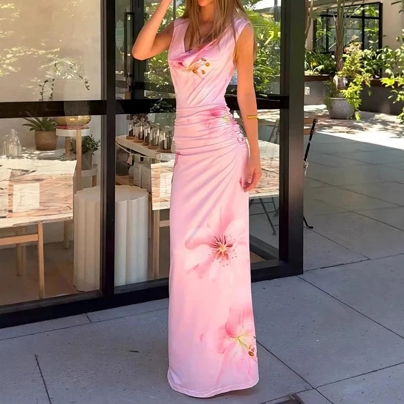 Cyflymder  Summer Elegant Sleeveless Slim Vacation Dress Fashion High Waist Pleated Dresses Temperament V-neck Floral Printed Evening Dress