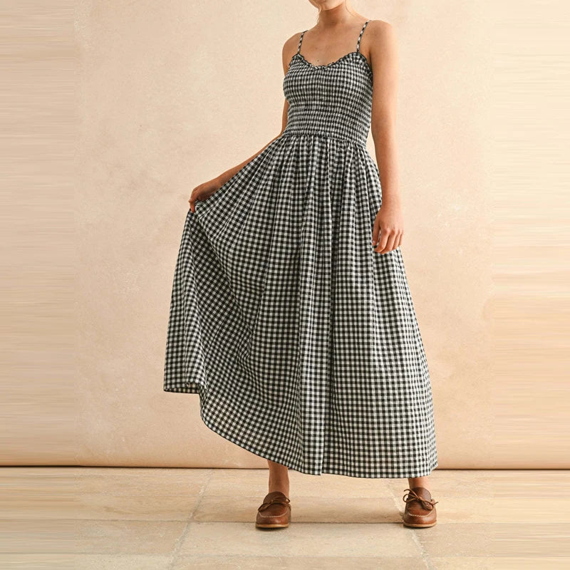 Cyflymder  Summer High Waist Slim Pleat Maxi Dress Lady New Sleeveless Hollow Out Vacation Dress Elegant Checkered Print Swing Halter Dress