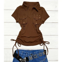Cyflymder   Hot Girl Workwear Short-sleeve T-shirt Summer American Vintage Slim-fitting Drawstring Waist-controlling Fashion Top
