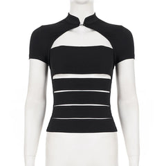 Cyflymder  Chic Hollow Out Skinny Short Sleeves T-shirts Women Fashion Street Wear Black Stand Collar Design Tops Hottie High Street Clothe