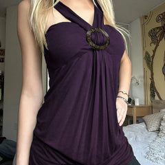 Cyflymder  Women's Purple Halter Neck Top Criss Cross Strap O Ring Detail Sleeveless Ruched Y2K Aesthetic Party Clubwear Going Out Outfit