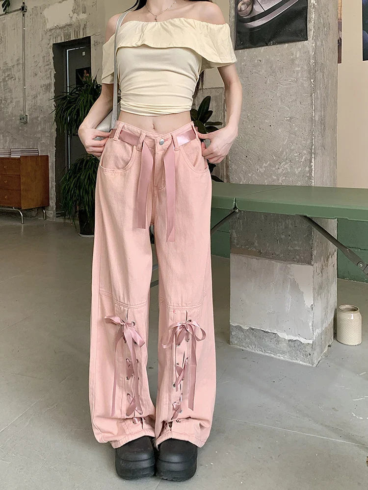 Baggy Jeans Women Chic Lace-up Casual Loose Vintage Streetwear Pants Korean Style Fashion Wide Leg High Waisted Jeans Cyflymder