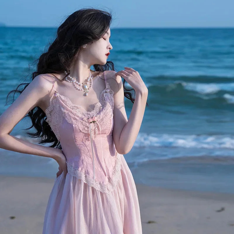 Cyflymder  Retro French Style Pink Dress For Slim Lady Summer Jacquard Lace Spaghttti Strap Sexy Long Dresses Party Night Robe Rose Vestido
