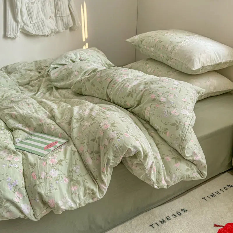 Cyflymder  INS French Style Fresh Floral Lace Trim Four-Piece Set Washed Cloud Cotton Quilt Cover Bed Sheet Dormitory Bed Sheet Sets