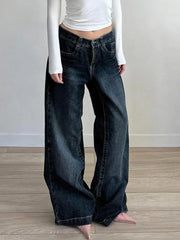 Cyflymder  Women's Dark Blue Relaxed Fit Jeans Y2K Retro Low Waist Straight Denim Pants 90S Street Style Loose Trousers Korean Versatile