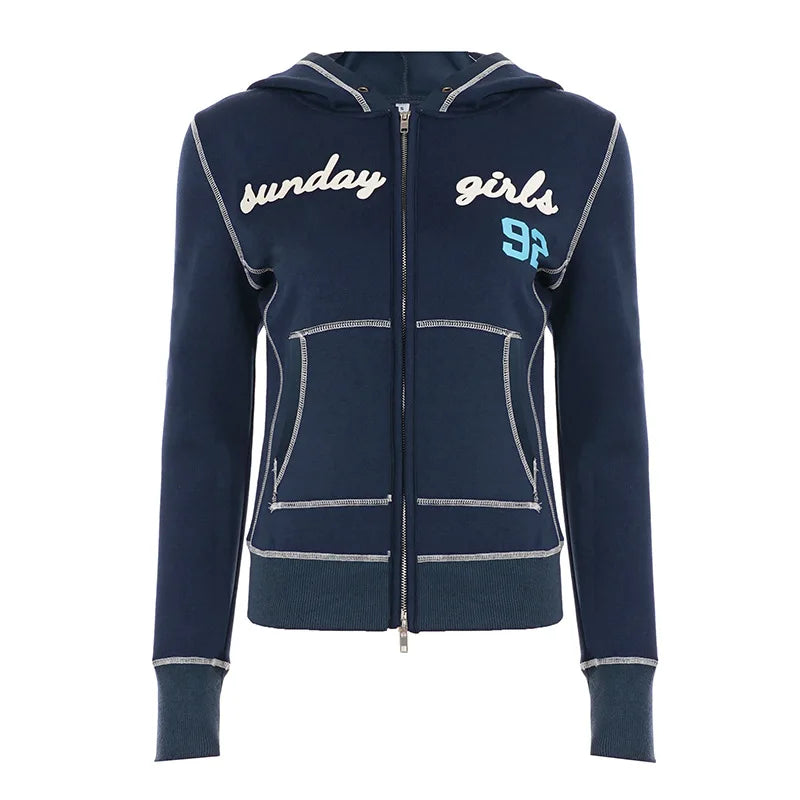 Cyflymder  Vintage American Fashion Patchwork Design Slim Casual Coats Y2k Aesthetic Letter Print Hoodies Harajuku Punk Zip Women Cardigan