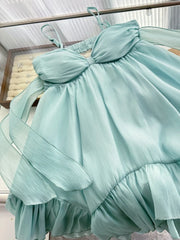 Cyflymder   Japanese Sweet Mint Green Chiffon Mini Dress Women Fairycore Strap Bow Ruffle Dresses New Fashion Cute Princess Clothing