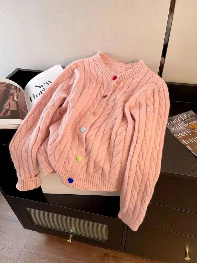Cyflymder  Chic Rainbow Buttons Cardigan Sweaters Women Korean Sweet Loose Casual Knitted Coat Fashion O Neck Lady Long Sleeve Tops