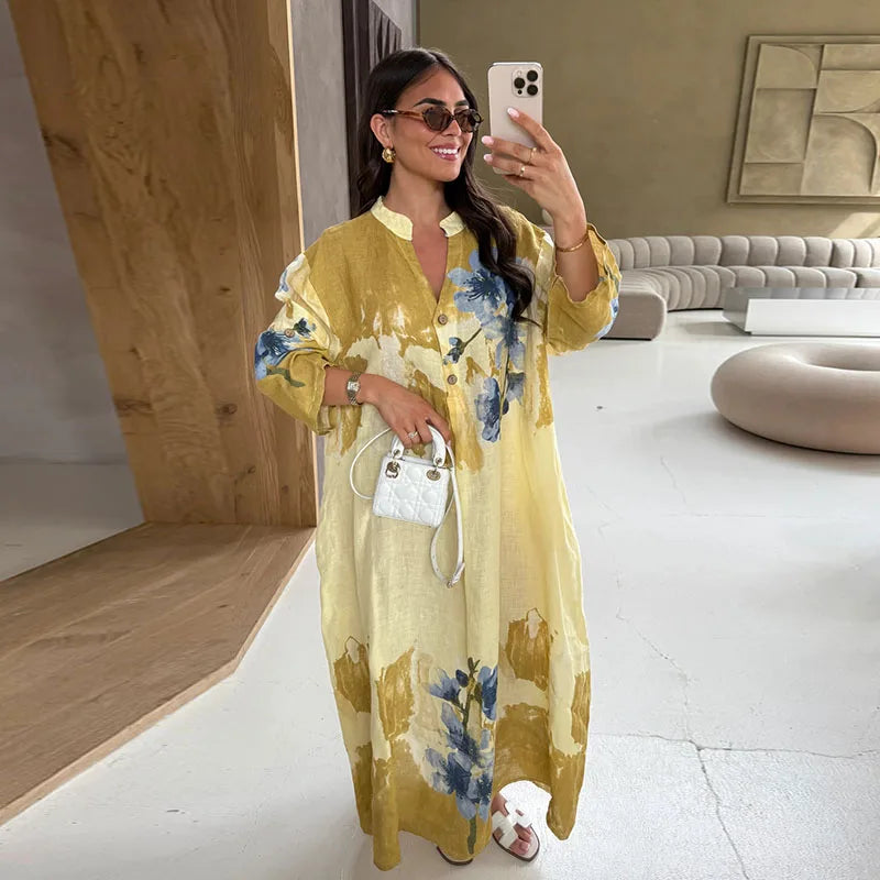 Cyflymder  Button Printed Oversize Midi Dress Women V-neck Fashion Holiday 2025 Autumn Dresses Long Sleeve Tie-dye Street Loose Female Robe
