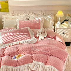 Cyflymder Carved Milk Velvet Bedding Set Girl Luxury Princess Ruffle Bow Bed Linen Thicken Warm Quilt Cover Sheet Pillowcase Bedroom Decor