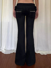 Cyflymder  Y2K Black High Waist Flare Pants Women Side Button Decor Wide Waistband Slim Bottoms Harajuku Grunge High Street Lower garment