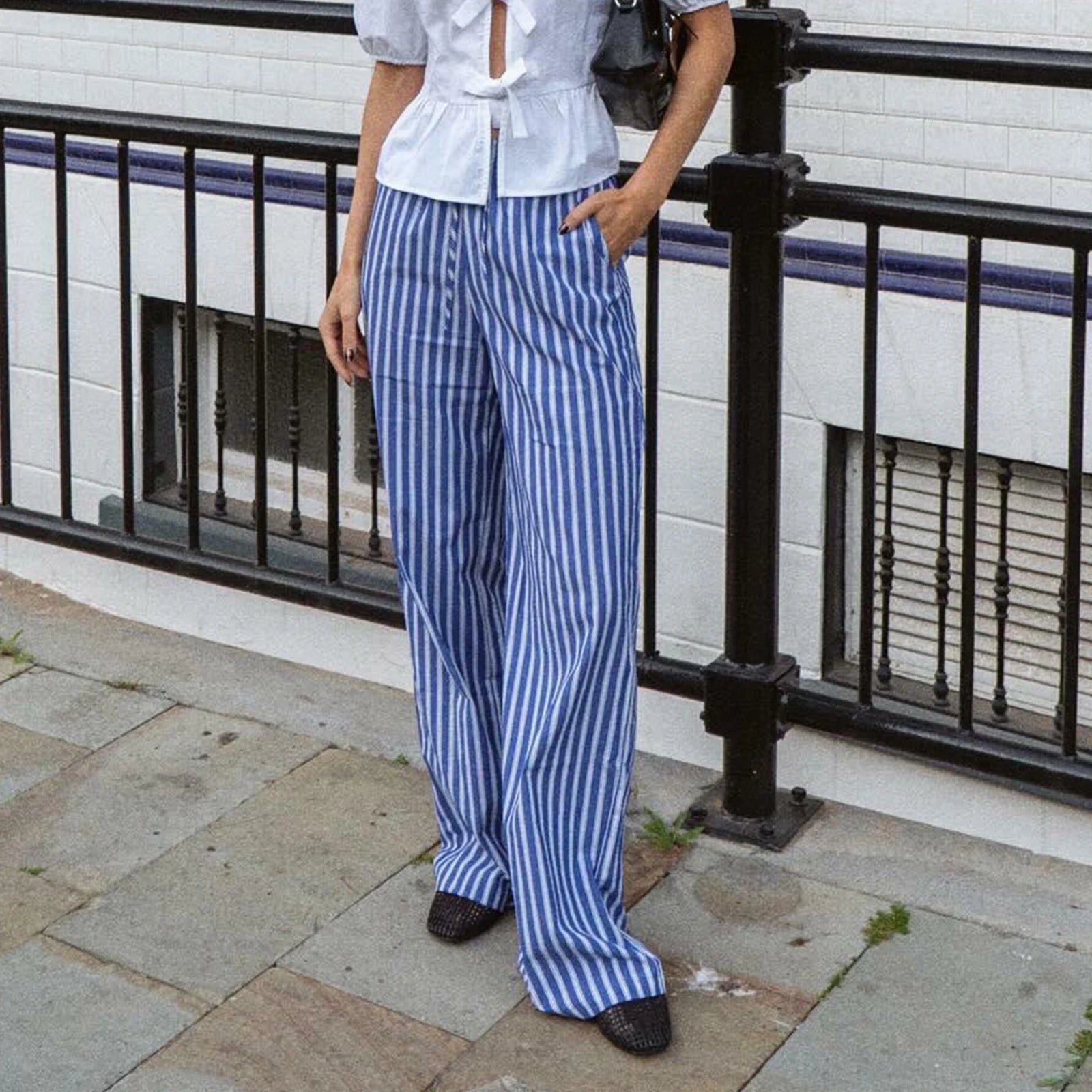Cyflymder  Women Striped Pajama Pants Elastic Waist Straight Wide Leg Trousers Casual Loose Fit Going Out Bottoms with Pockets