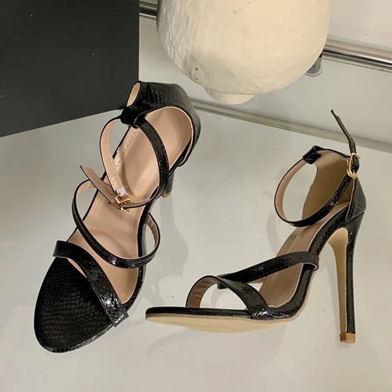 Cyflymder  Gold Snake Print Leather Ankle Strap Sandals Women Summer Fashion Open Toe Gladiator High Heels Party Dress Shoes Size 42