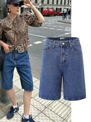 Cyflymder  High Waist Straight Leg Blue Waed Denim orts High Quali Wide Leg Five orts American Retro Deep Blue Jeans orts