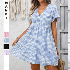 Cyflymder  New Women's Clothing Loose Casual Elegant Short-sleeved Plaid Dress