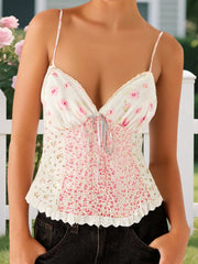 Cyflymder  Floral Print Sleeveless V Neck Camisole Lace Crop Top Women s Summer Tank Vest Spaghetti Strap Shirt Blouse