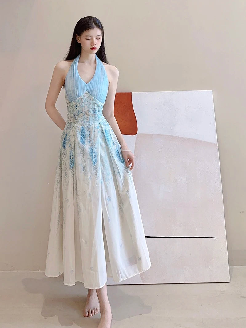 Cyflymder  Floral Sexy Halter Beach Dress Women Elegant Slim Sweet Sleeveless Vintage Long Dress Casual Retro Mesh Patchwork Vestidos