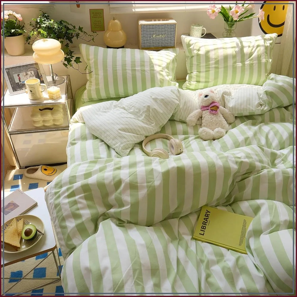 Cyflymder   Green Striped Comforter Set Full 3PC Bedding