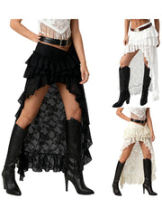 Cyflymder  Women Flower Lace Skirt Elastic Waist High Low Layered Ruffle Skirt Casual Summer Streetwear