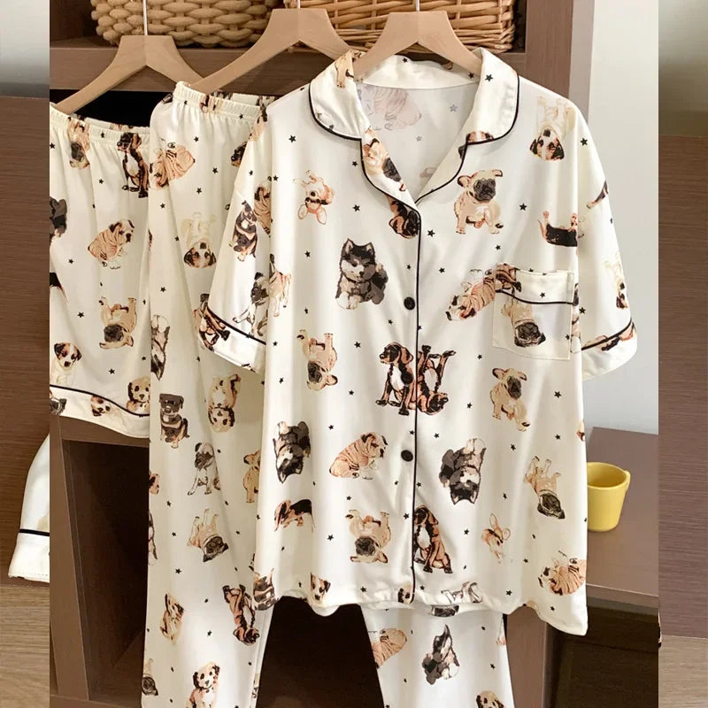 Cyflymder  Japanese Style INS Cute Dog Pyjamas Women's Short Sleeve Spring Summer Season Net Red Popular Homewear Three-piece Set