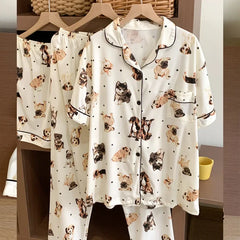 Cyflymder  Japanese Style INS Cute Dog Pyjamas Women's Short Sleeve Spring Summer Season Net Red Popular Homewear Three-piece Set