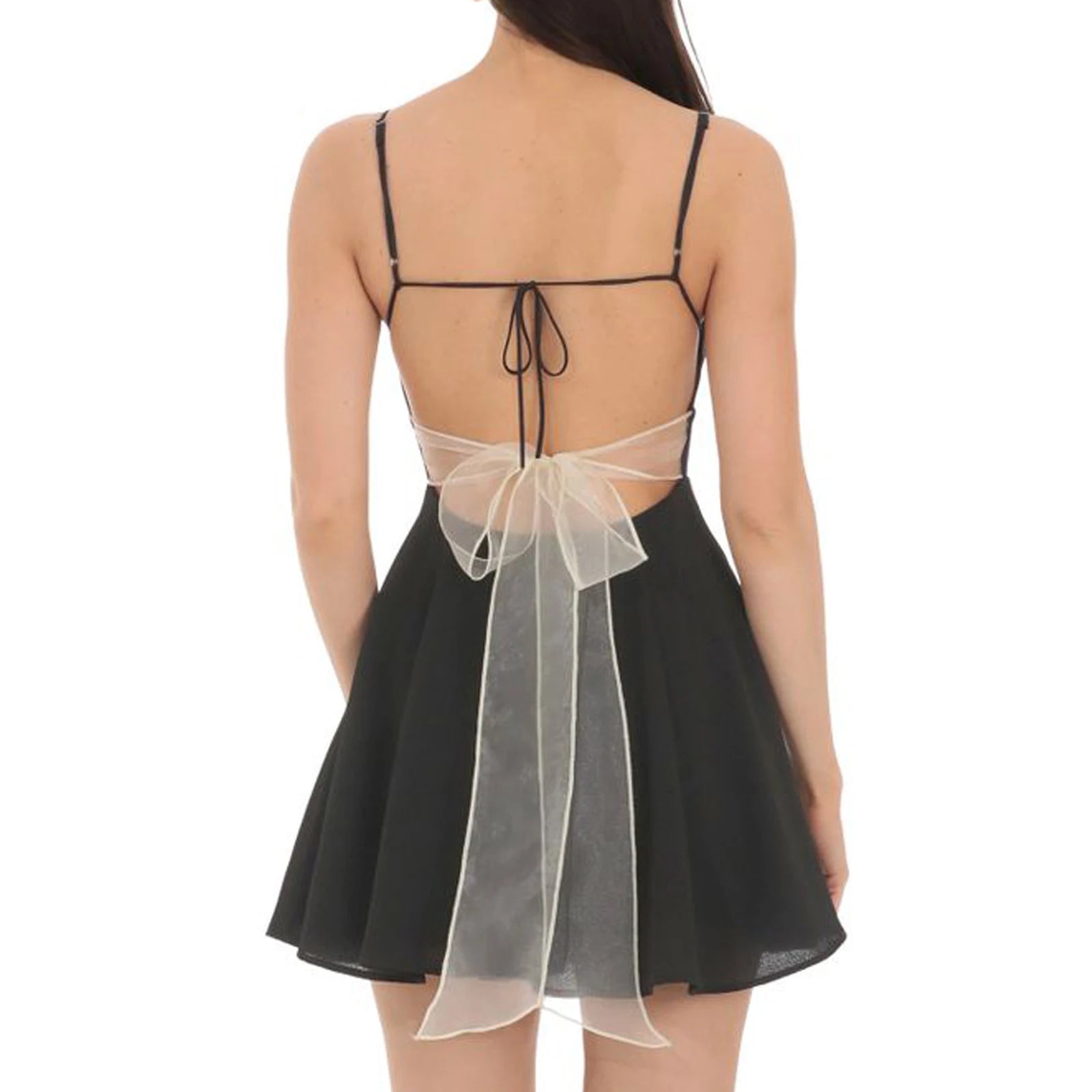 Cyflymder  Summer Women's Mini Cami Dress A-Line Dot Print V Neck Open Back Tie Waist Spaghetti Strap Dress for Party Club