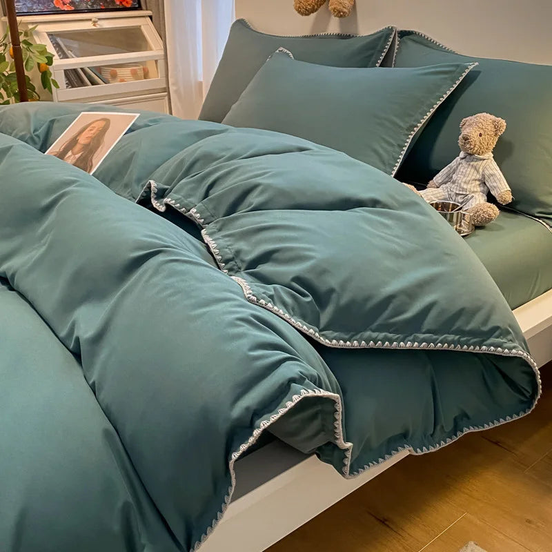 Cyflymder  Solid Color Bedding Set with Shell Edges Skin Friendly Simple Soft Duvet Cover Kit Cozy Fitted Sheet Set for Autumn Winter