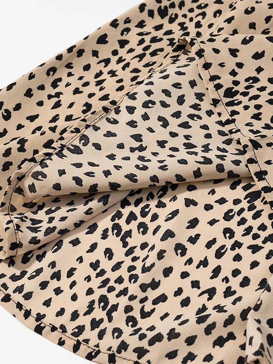 Cyflymder  French Sexy Leopard Printed Dress for Women V Neck Half Sleeve Spliced Lace Up Slim Temperament Dresses Female New