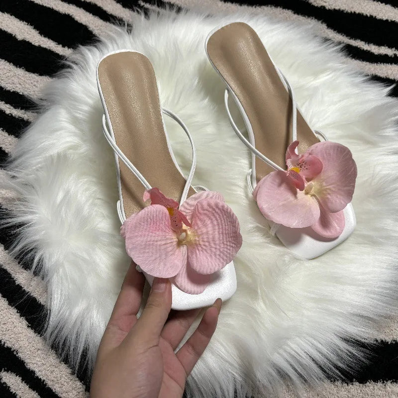 Cyflymder  Orchid Flower Summer New High Heeled Women White Pink Blue Purple Floral Heels Square Toe Prom Slipper Slingback Shoes for Women