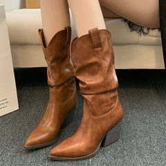 Cyflymder Female Western Boots Cowboy Boots Women Plested Women Ankle  Pu Leather Shoes Autumn Boots Women Booties Lady Plus Size 42