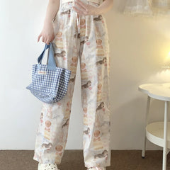 Cyflymder  Sweet Lolita Style Cartoon Dog Print Pants Women Y2k Aesthetic Lace-up Wide Leg Trousers Harajuku Casual Loose Kawaii Sweatpants
