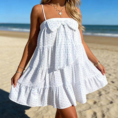 Cyflymder  Women Mini Cami Dress Polka Dot Print Decorative Bow Square Neck Spaghetti Strap Dress Summer Pregnant A-line Dress