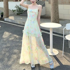 Cyflymder  Sweet Vacation Style Strap Long Dress Women's Clothing Broken Flowers Summer A-Line Fashion Bow Three Ways of Wearing Dresses