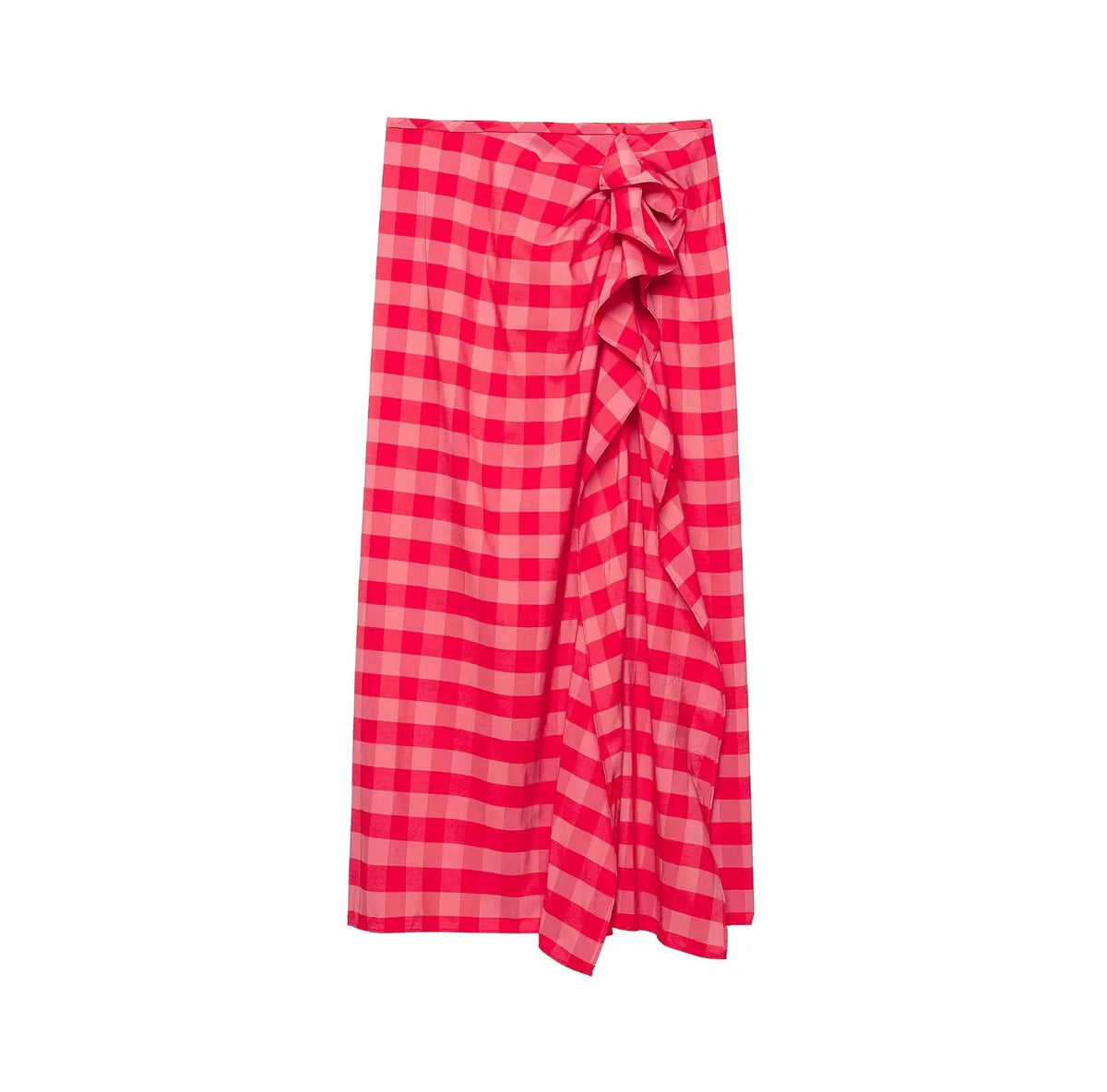 Cyflymder   Elegant Summer Red Plaid Midi Skirt For Women Chic High Waist Stacked Ruffle Decoration Midi Skirt Female Party Wear