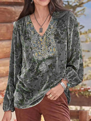 Cyflymder  Women Blouse Vintage Print V Neck Long Sleeve Elastic Cuff Streetwear Spring Autumn Loose Velvet T-shirt Pullover Women Clothes