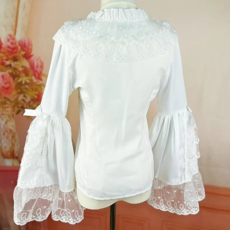 Cyflymder Japanese Gothic Lolita Style Shirts Women Vintage Elegant Lace Embroidery Ruffles Collar Slim Tops Victorian Flare Sleeve Blouse