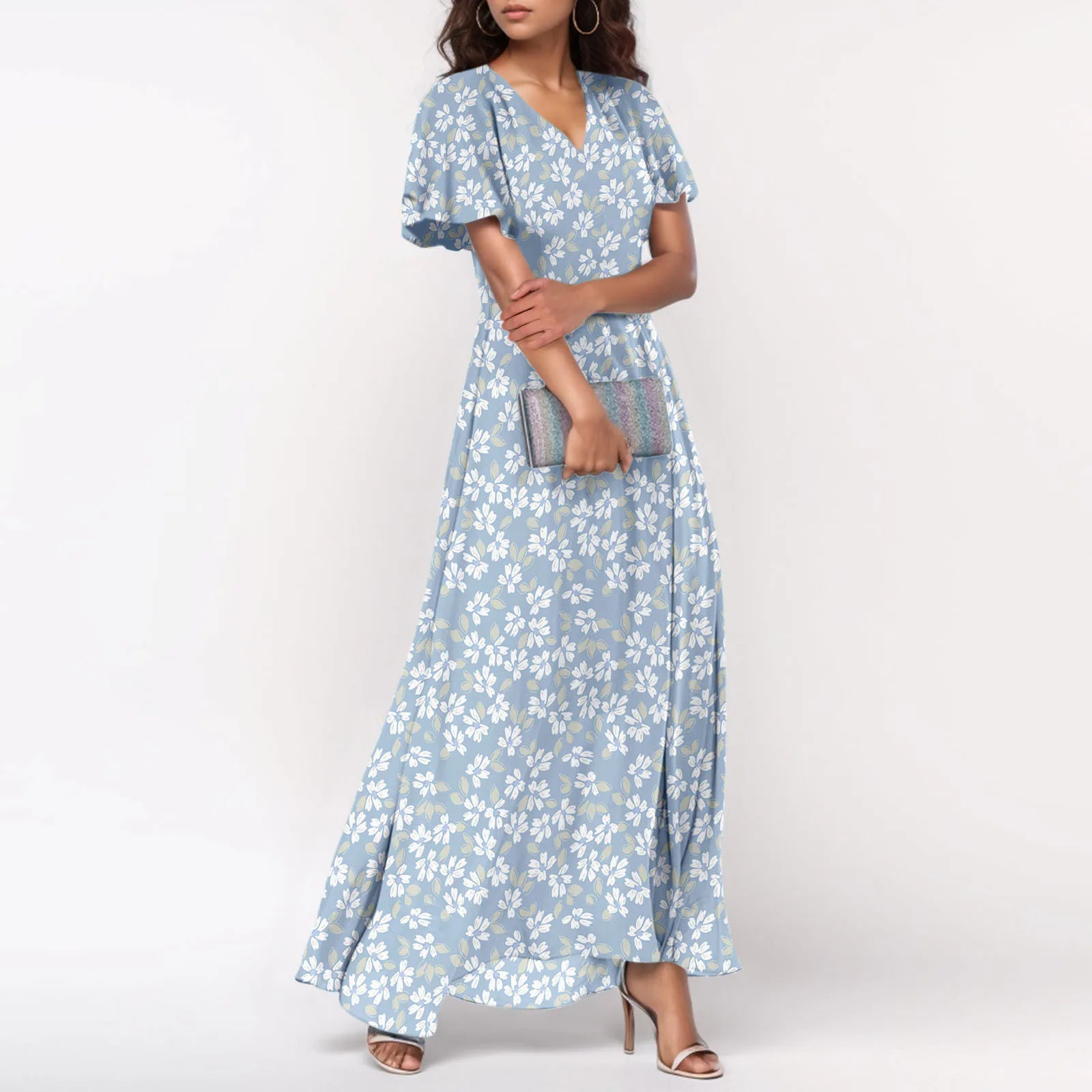Cyflymder  Women V-neck Ruffle Short Sleeve Maxi Dress Waist Tight High-waist Hem Sweet Floral Print Elegant Dress Female Clothing Vestidos