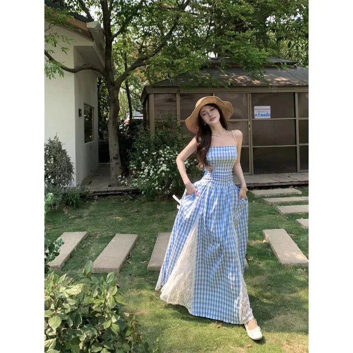 Cyflymder  Korean Style Blue Plaid Lace Halter Dress Women Summer 2025 Sweet Beach Vacation Maxi Skirt Long Dress One Shoulder Sleeveless