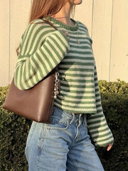Cyflymder  Preppy Cropped Knit Sweater Loose Drop‑Shoulder Crewneck Top Soft Knit Green White Stripe Vintage Casual Daily Streetwear