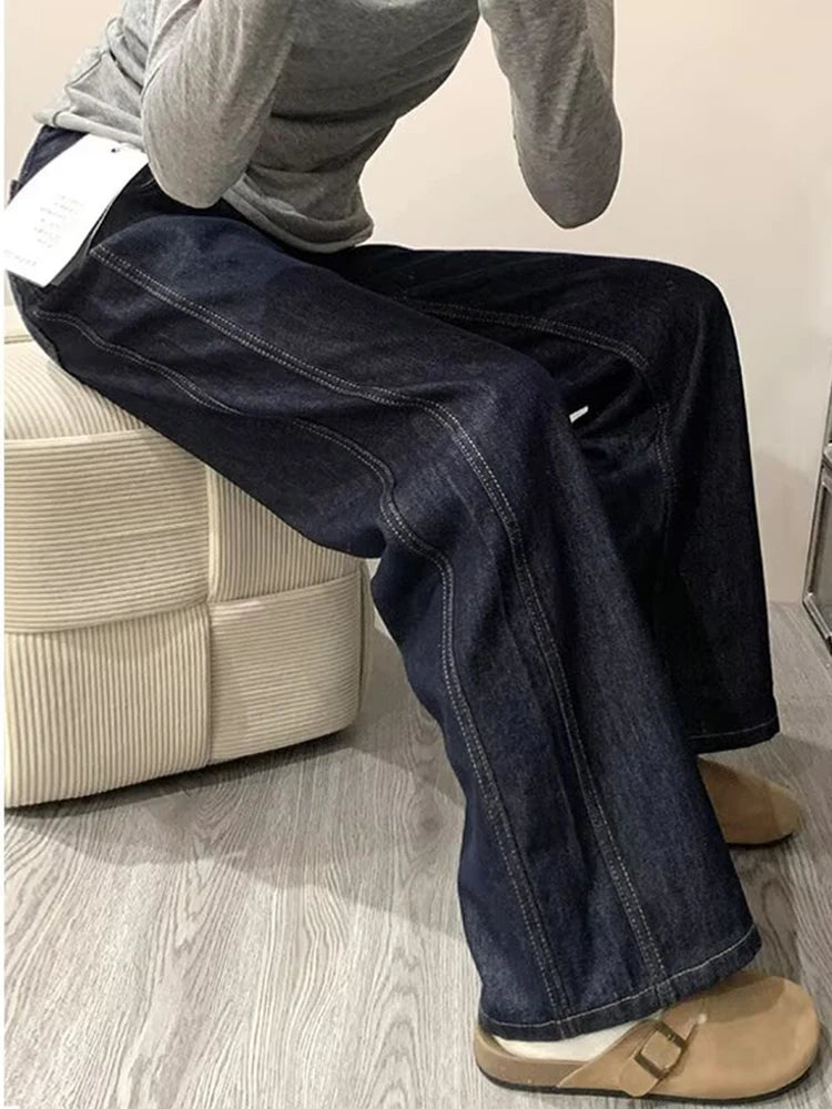 Cyflymder  High Waisted Wide Leg Pants Women Deep Blue Jeans Loose Fit Slimming Straight Leg High Height Floor Length