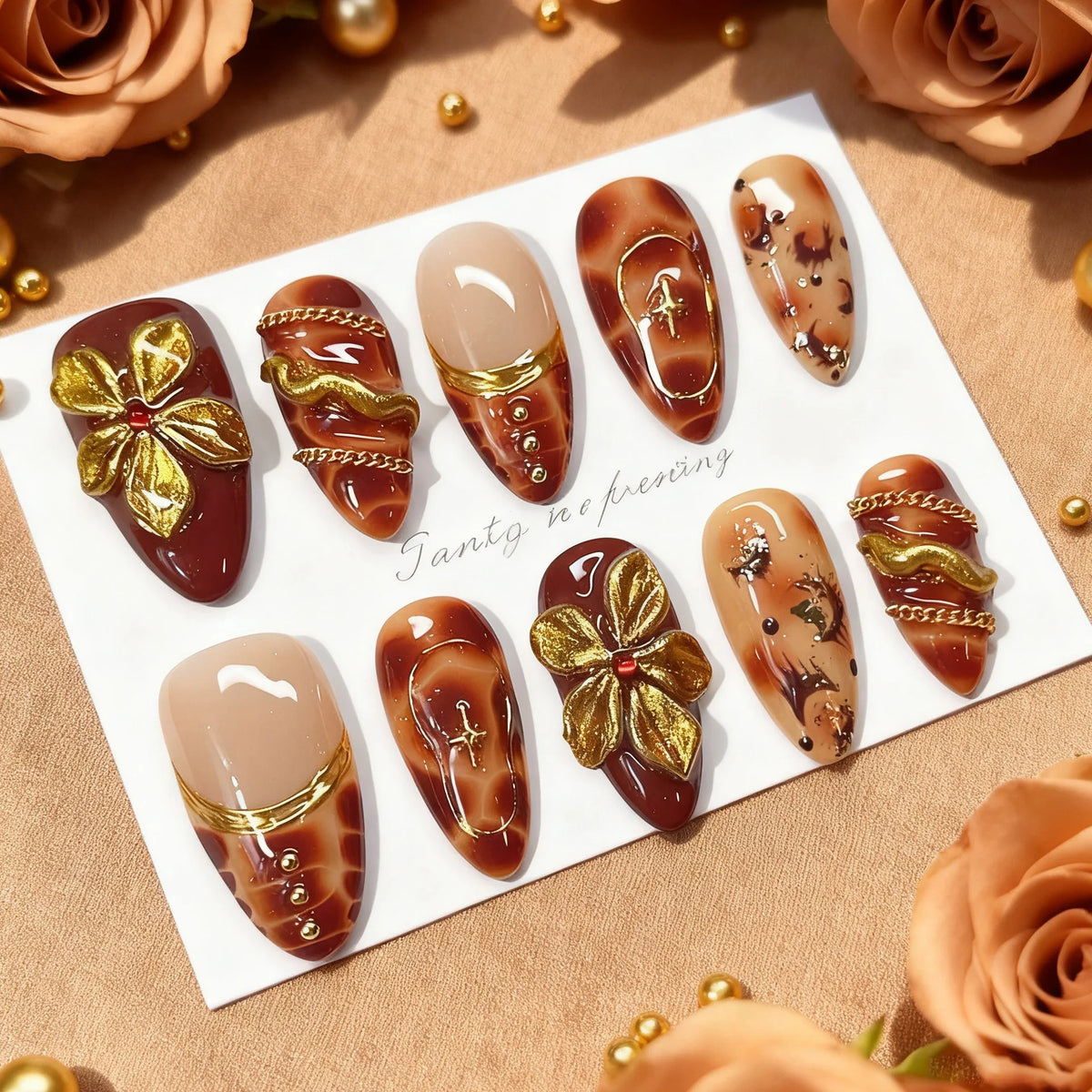 Cyflymder   24Pcs Autumn Almond Round Head Fake Nail with Cat's Eye Design Full Cover Oval Nail Tips Flower Moon Star Press on False Nails