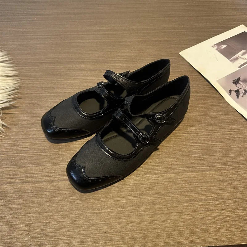 Cyflymder  Vintage Square Toe Double Strap Mary Jane Shoes For Women Versatile Inner Height Increasing Leather Dress Footwear